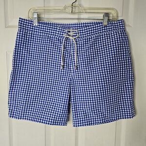 J. McLaughlin Blue and White Checkered Swim Shorts